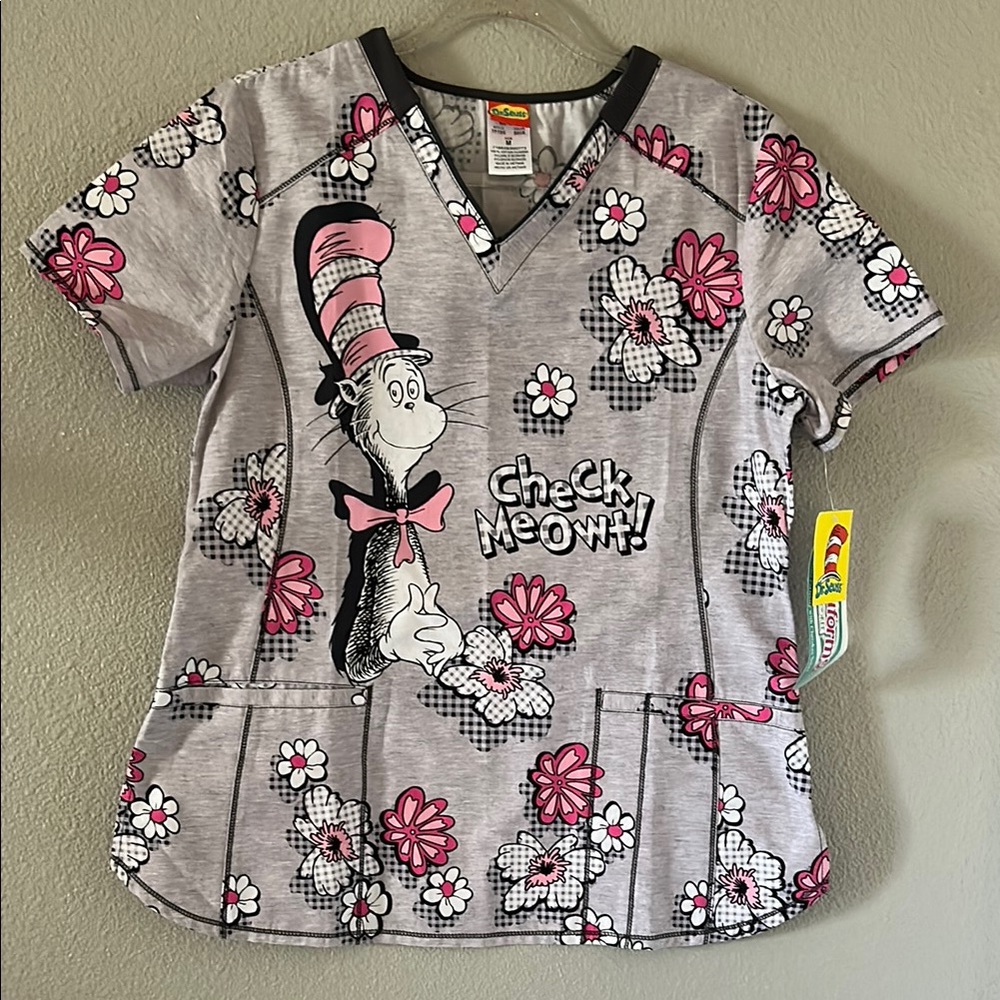 Tooniforms Dr. Seuss Pink and Gray Scrub Top- size Med